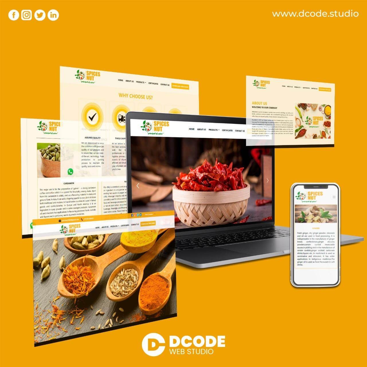 Responsive Spice Nut website is open on a laptop and mobile and also shows its webpages